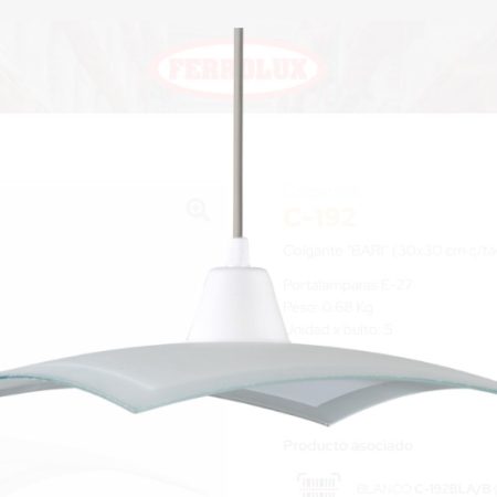 Colgante Bari vidrio curvo 30x30 c/tacita plast blanca