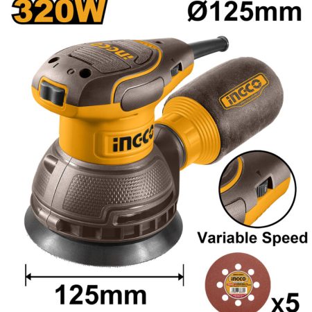 LIJADORA ROTO ORBITAL BASE 5´´ /125MM 320W + ACCESORIOS INDUSTRIAL INGCO